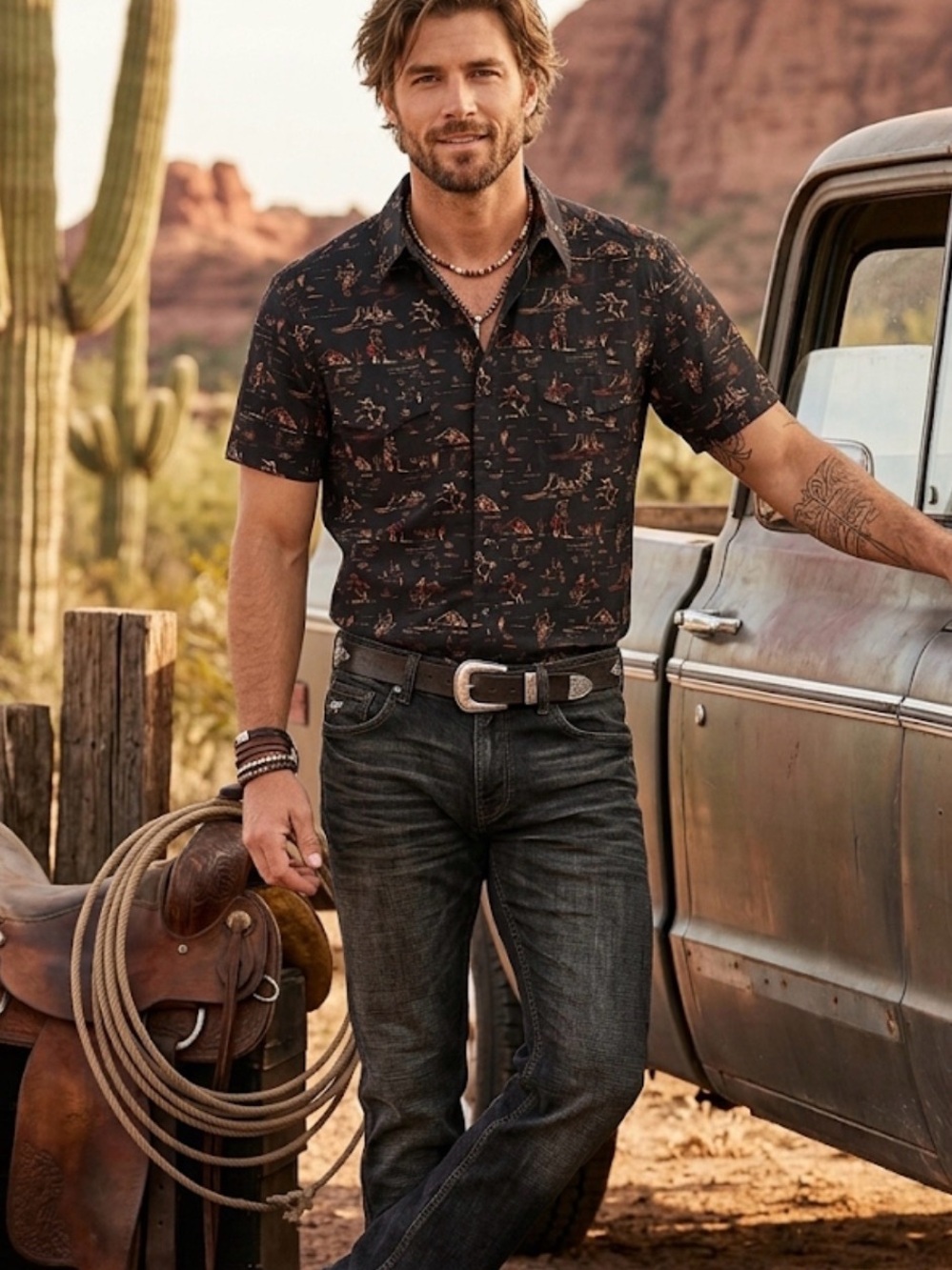 Rock & roll Men's Short-Sleeve Black Western Print Shirt horse print M boho